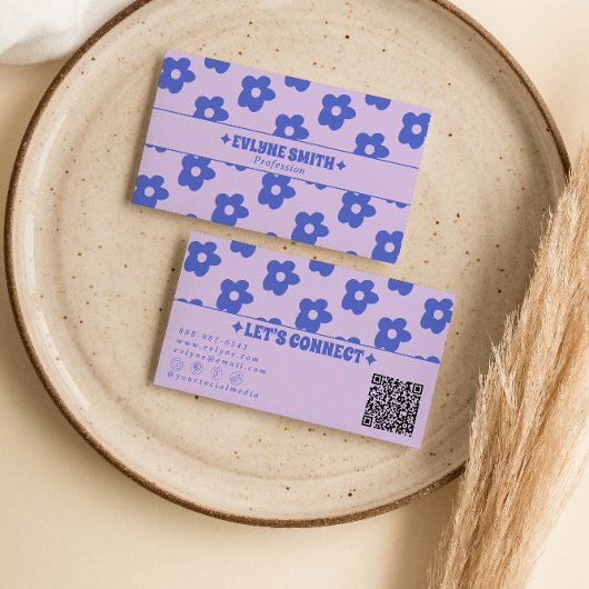 Carte De Visite Code QR Violet Bleu Rétro Fleur Groovy Unique