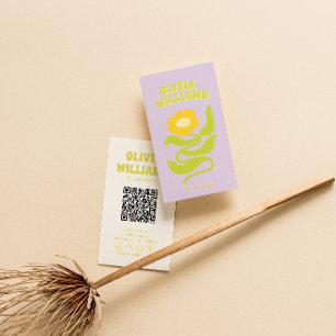 Carte De Visite Code QR Violet Vert Rétro Fleur Groovy Branché