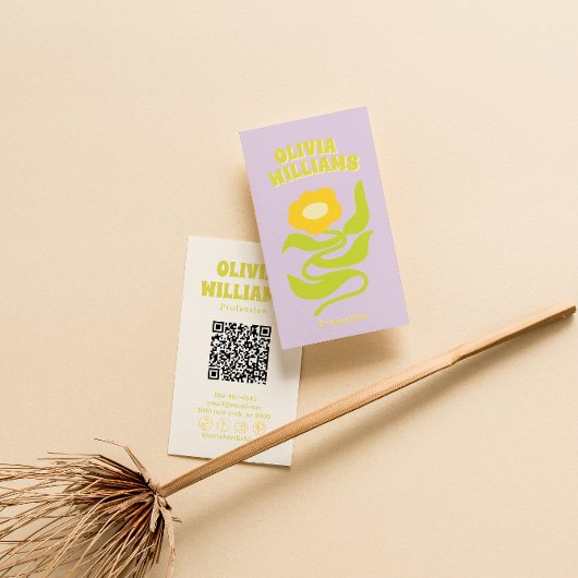 Carte De Visite Code QR Violet Vert Rétro Fleur Groovy Branché