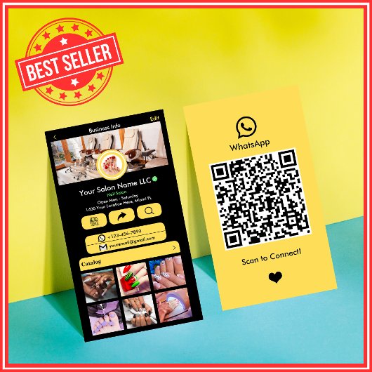 Carte De Visite Code QR WhatsApp | Salon de Manucure Moderne Jaune