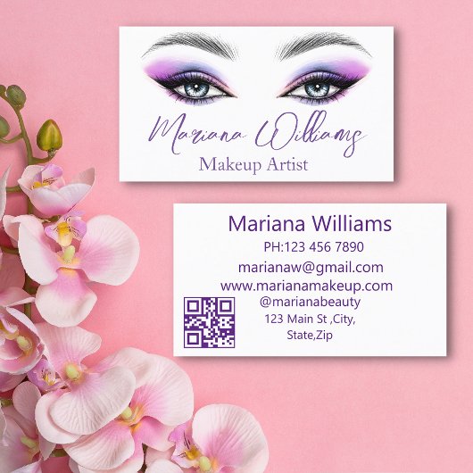 Carte De Visite Code QR Yeux d'Artiste Maquilleuse Violet Chic