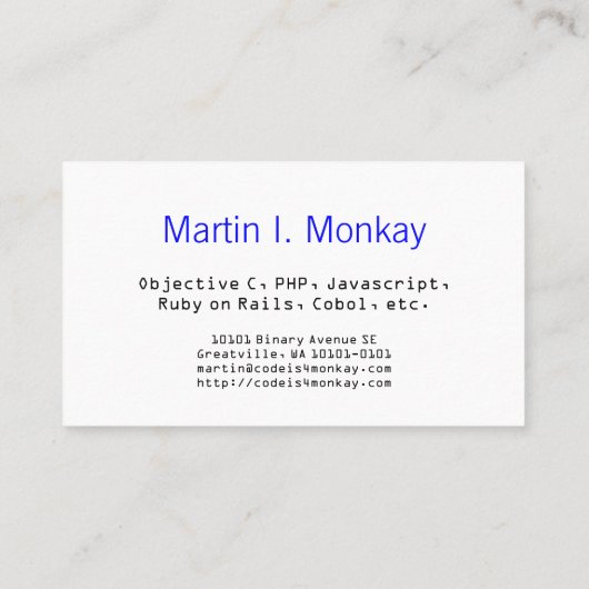 Carte De Visite Codez le Javascript de singe (Dos)