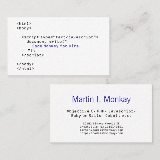 Carte De Visite Codez le Javascript de singe (Devant / Derrière)