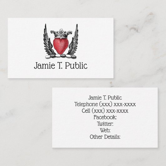 Carte De Visite Coeur héraldique avec ailes Armoiries Crest (Devant / Derrière)