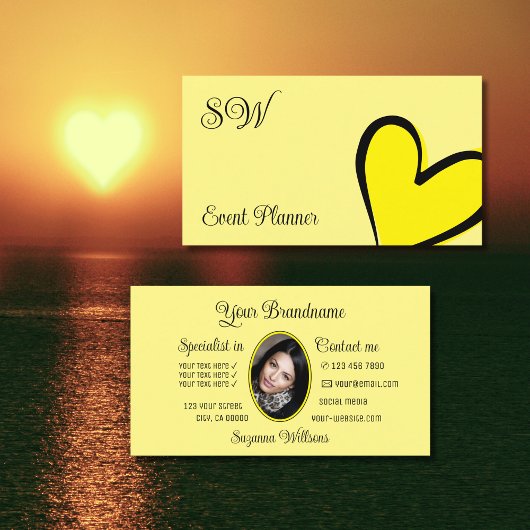 Carte De Visite Coeur mignon jaune clair avec Monogramme et photo