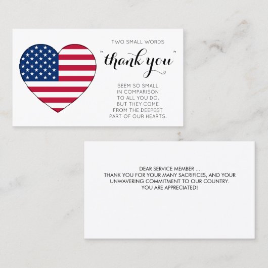 Carte De Visite Coeur patriotique militaire Merci du drapeau améri (Devant / Derrière)