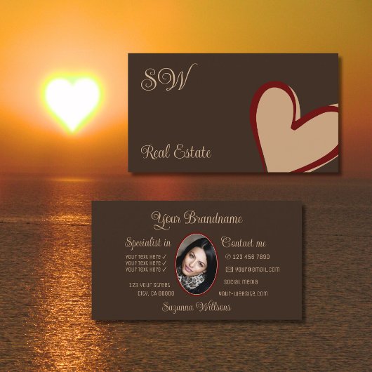 Carte De Visite Coeur rouge beige Brown mou avec monogramme et pho