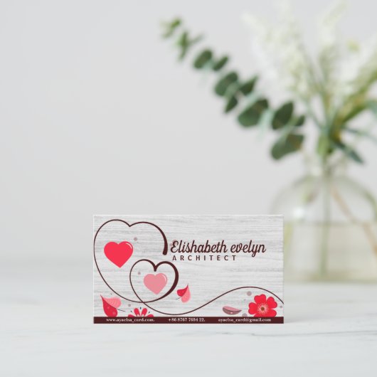 Carte De Visite Coeurs D'Amour Couple Avec Fleurs Et Feuilles (Debout devant)