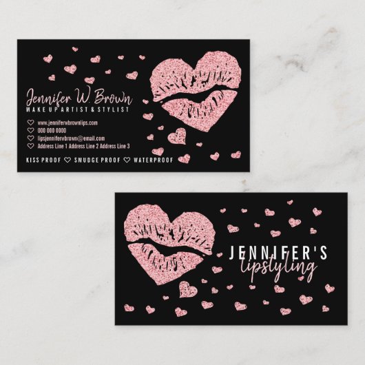 Carte De Visite Coeurs lèvres Rose or Parties scintillant brillant (Devant / Derrière)