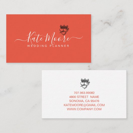 Carte De Visite Coeurs wedding planners Couronne rouge orange (Devant / Derrière)