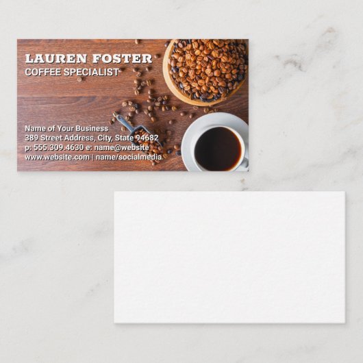 Carte De Visite Coffee Beans and Coffee Cup on Table (Devant / Derrière)