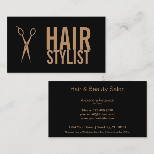 Carte De Visite Coiffeur - ciseaux de noir et d'or (Devant / Derrière)