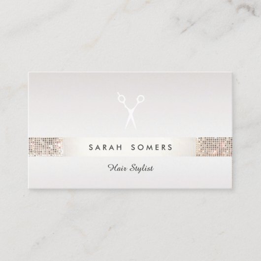 Carte De Visite Coiffeur Ciseaux Logo FAUX Silver Sequin Taupe (Devant)