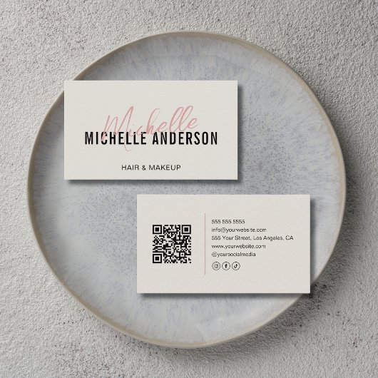 Carte De Visite Coiffeur Code QR Beige Neutre Moderne
