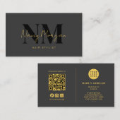 Carte De Visite Coiffeur Code QR Logo Monogramme Noir Or (Devant / Derrière)
