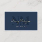 Carte De Visite Coiffeur Code QR Logo Monogramme Or Bleu Marine (Devant)