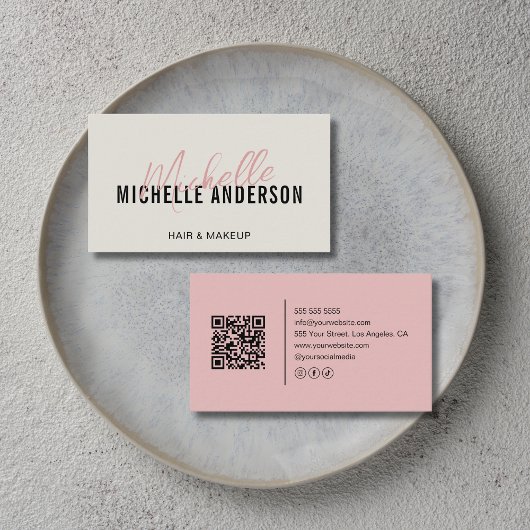 Carte De Visite Coiffeur Code QR Moderne Neutre et Rose