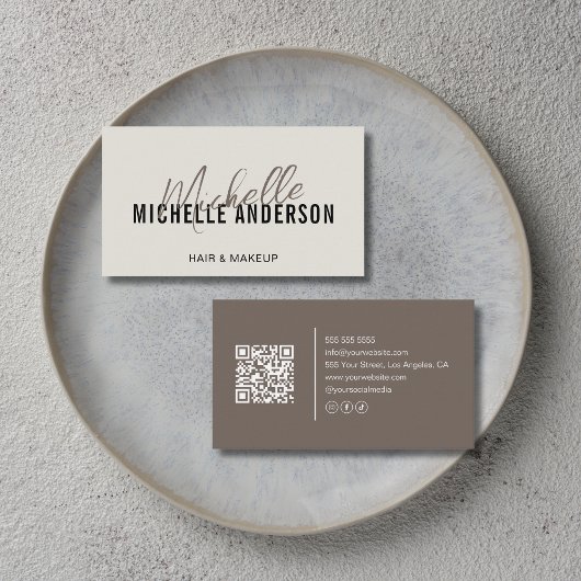 Carte De Visite Coiffeur Code QR Moderne Neutre et Taupe