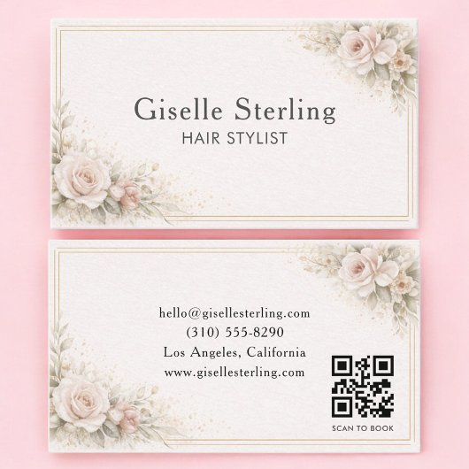 Carte De Visite Coiffeur Code QR Neutre Floral Professionnel