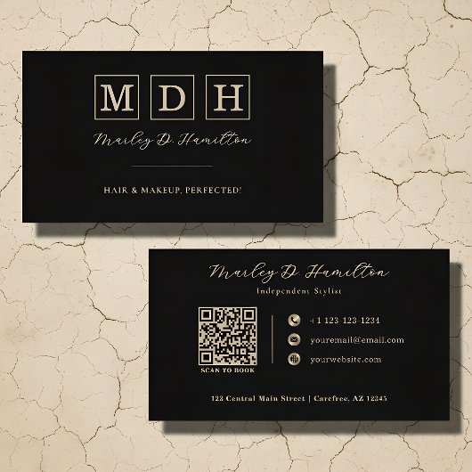 Carte De Visite Coiffeur Code QR Or Noir Élégant
