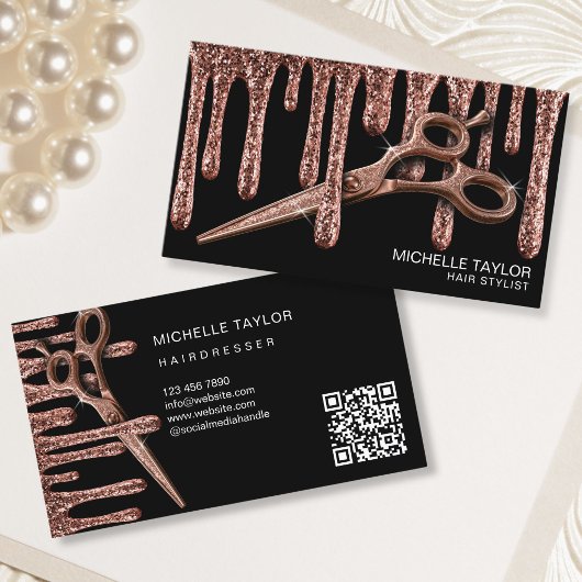 Carte De Visite Coiffeur Coiffeuse Rose Gold Paillettes QR Code