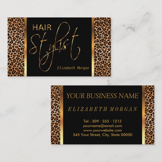 Carte De Visite Coiffeur dans un empreinte de léopard Brown d'or (Devant / Derrière)