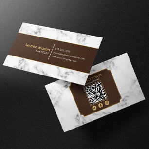 Carte De Visite Coiffeur Élégant Code QR Marbre Brun Doré