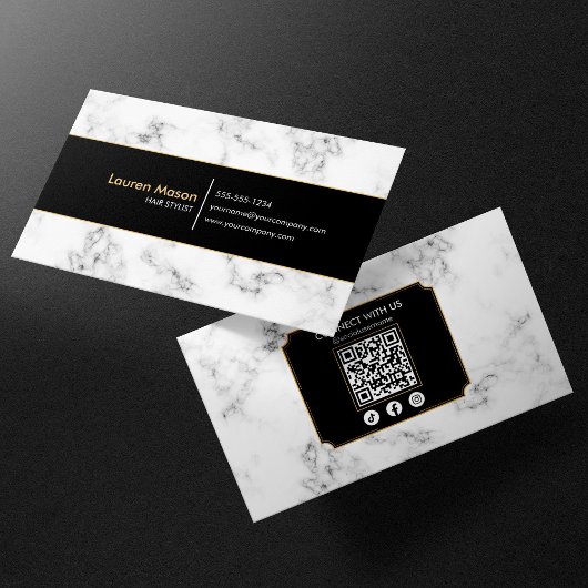 Carte De Visite Coiffeur Élégant Code QR Marbre Noir Or