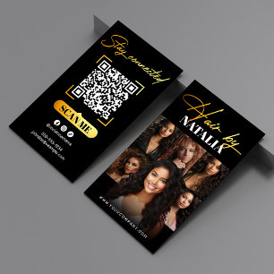Carte De Visite Coiffeur Élégant Code Qr Or Noir & Photo