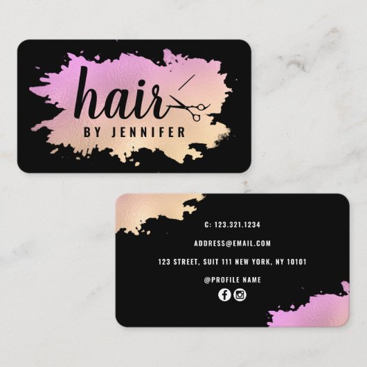 Carte De Visite Coiffeur élégante de ciseaux dorés et violets (Devant / Derrière)