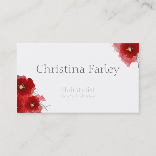 Carte De Visite Coiffeur Fleurs rouges Informations gris (Devant)