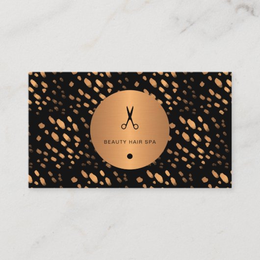 Carte De Visite Coiffeur glamour en cuivre points noirs et or (Devant)