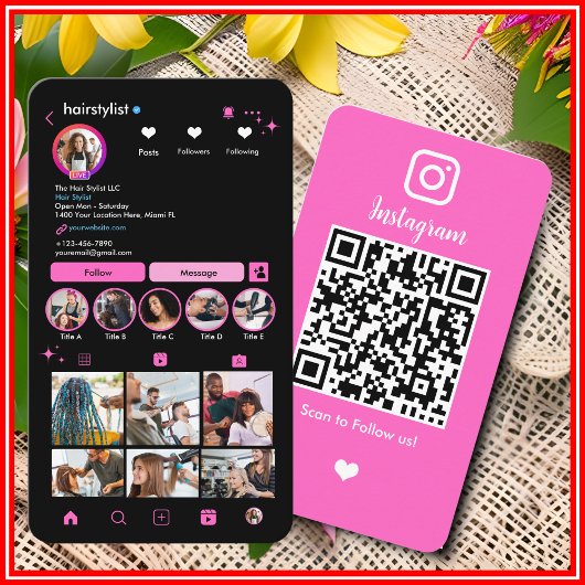 Carte De Visite Coiffeur Instagram Rose [BIO LONGUE]