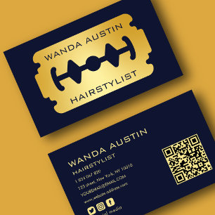 Carte De Visite Coiffeur Lame de rasoir Navy et Or Code Qr