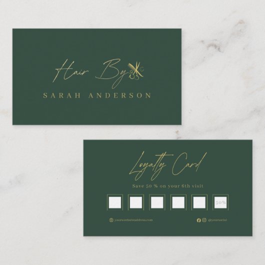 Carte De Visite Coiffeur Luxe Vert Or avec Fidélité (Devant / Derrière)