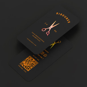 Carte De Visite Coiffeur Minimaliste Ciseaux Noir Orange Barbier