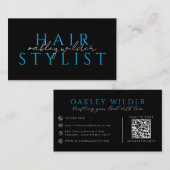 Carte De Visite Coiffeur Moderne Code QR Noir Bleu (Devant / Derrière)