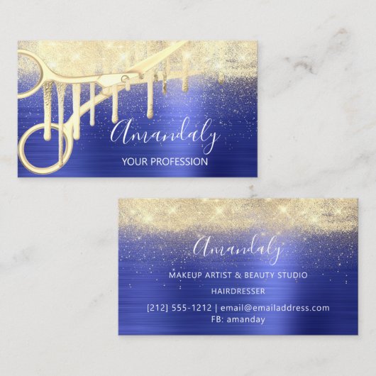 Carte De Visite Coiffeur moderne Coiffeur Ciseaux Or Royal (Devant / Derrière)