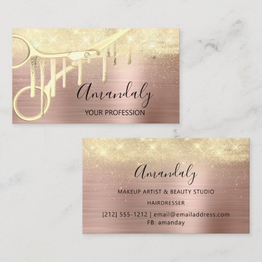 Carte De Visite Coiffeur moderne Coiffeur ciseaux Rose or (Devant / Derrière)