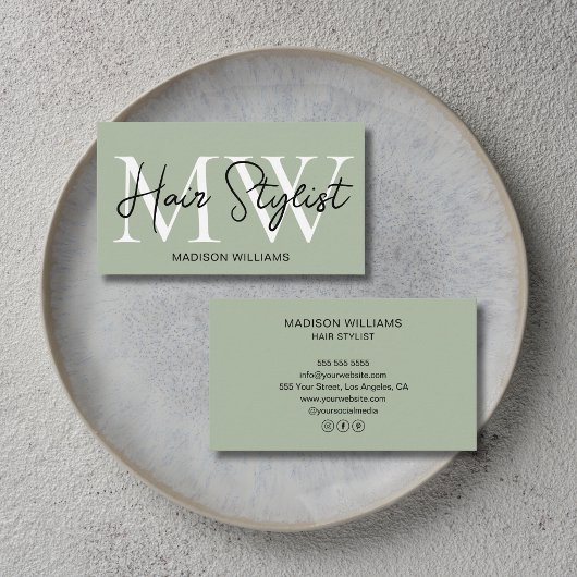 Carte De Visite Coiffeur Moderne Monogramme Vert Sauge