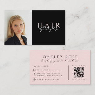 Carte De Visite Coiffeur Moderne Photo Code QR Noir Et Rose Pâle