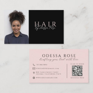 Carte De Visite Coiffeur Moderne Photo Code QR Noir Et Rose Pâle