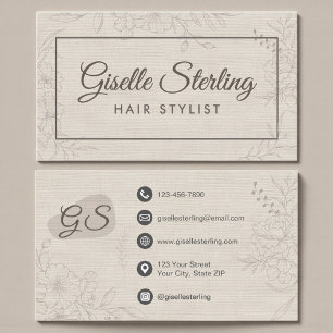 Carte De Visite Coiffeur Neutre Lin Floral Élégant Script