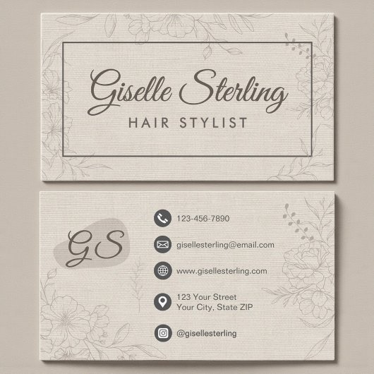 Carte De Visite Coiffeur Neutre Lin Floral Élégant Script