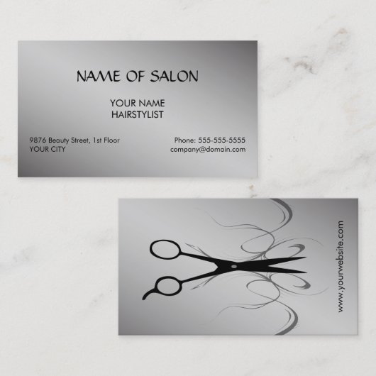 Carte De Visite Coiffeur noir élégant de ciseaux d'argent de Faux (Devant / Derrière)