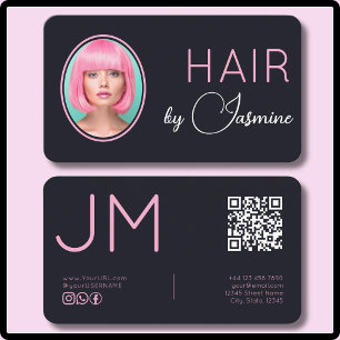 Carte De Visite Coiffeur Photo Monogramme QR Moderne Rose Noir