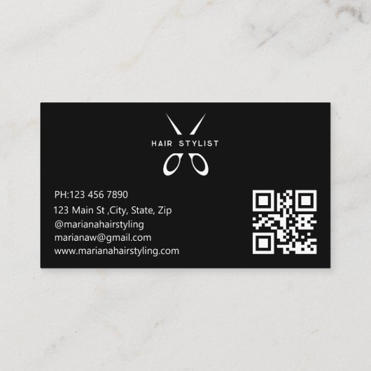 Carte De Visite coiffeur Scissor qr code noir minimal simple (Dos)
