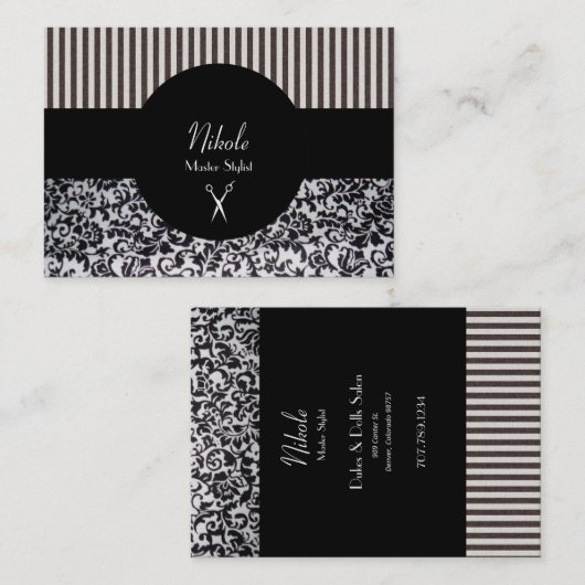 Carte De Visite Coiffeur Stripes & Vins Noir & Blanc (Devant / Derrière)