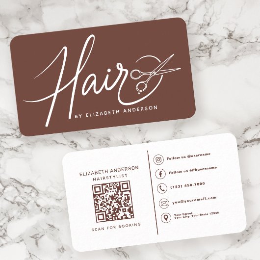 Carte De Visite Coiffeur Style Classique Code QR Terracotta