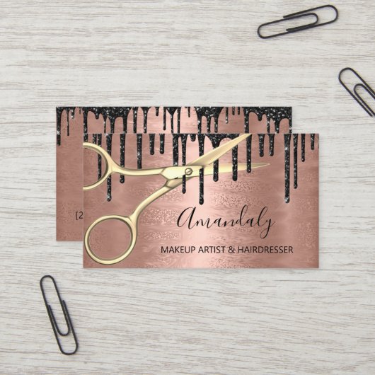 Carte De Visite Coiffeur Styliste Coiffeur Rose Ciseaux d'or cisea (Devant/Arrière en situation)